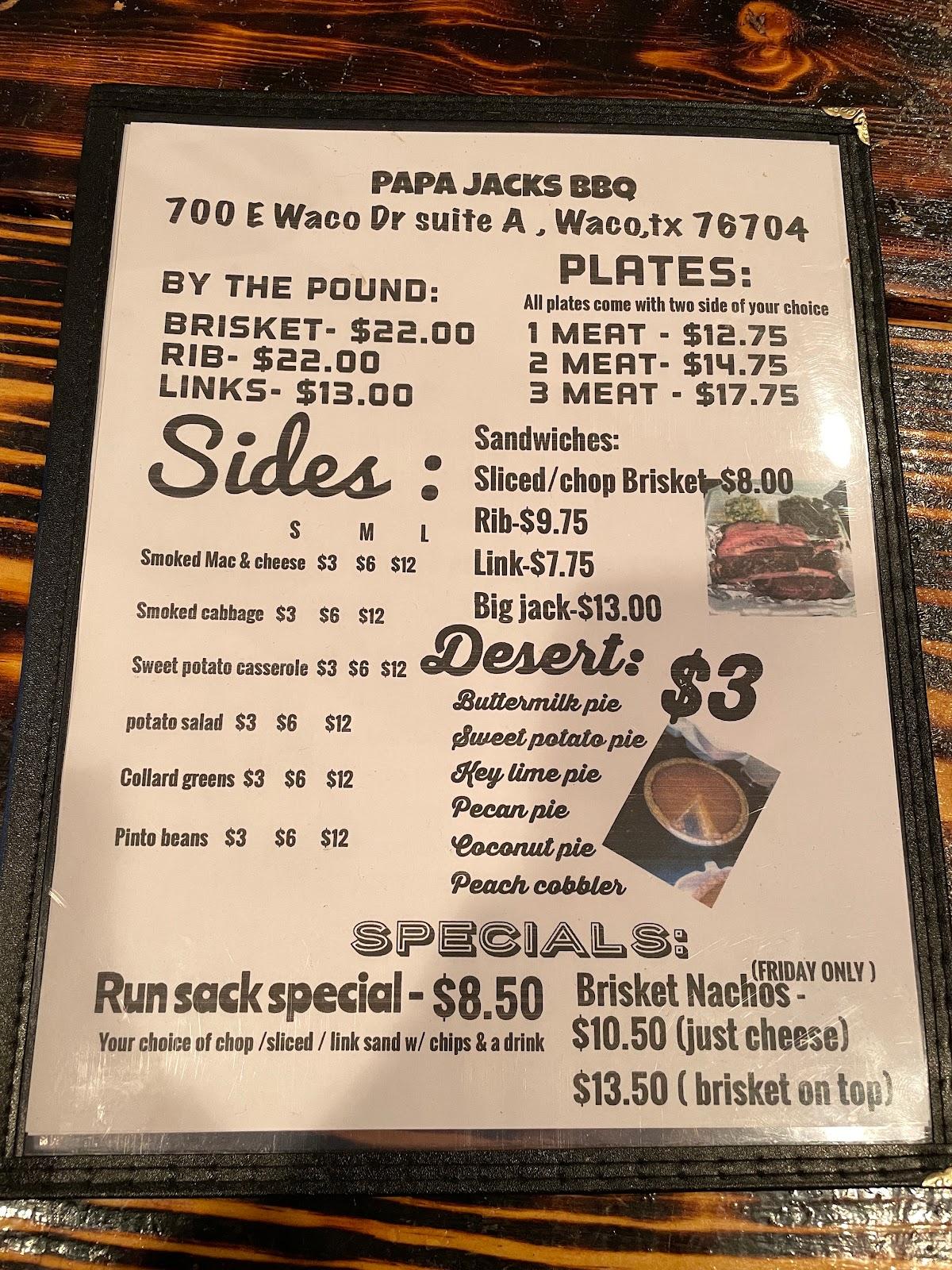 Menu at Papa Jack's BBQ, Waco