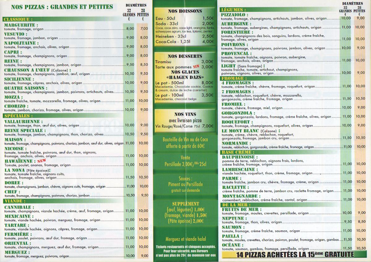 Menu au Pizza Fred pizzeria, Vallauris