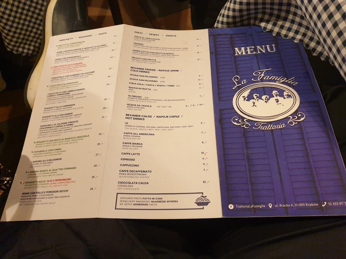 Menu at Trattoria La Famiglia restaurant, Kraków