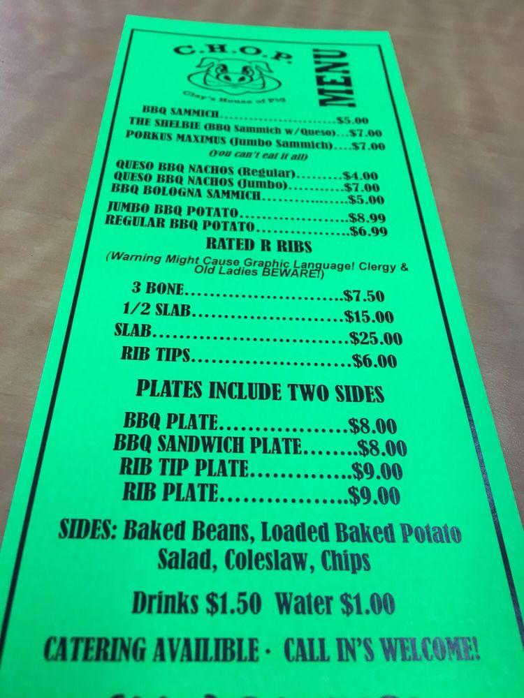 Menu at Chop BBQ, Tupelo