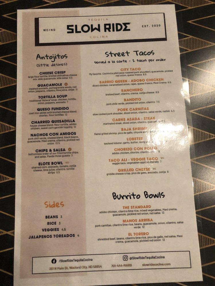 Menu at Slow Ride Tequila Cocina pub & bar, Watford City