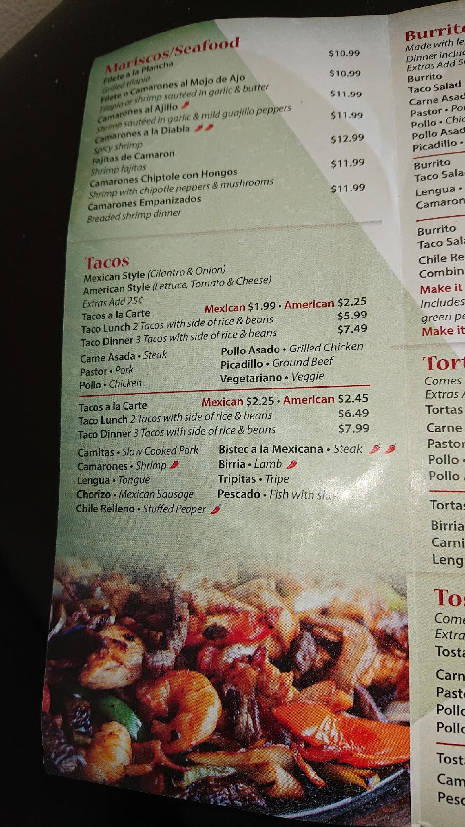 Menu at Del Carmen Mexican Restaurant, Westmont