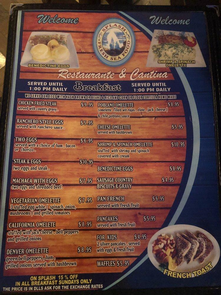 Menu at Splash Restaurant and Bar, Mexico, Carretera Libre 1015km 52.5