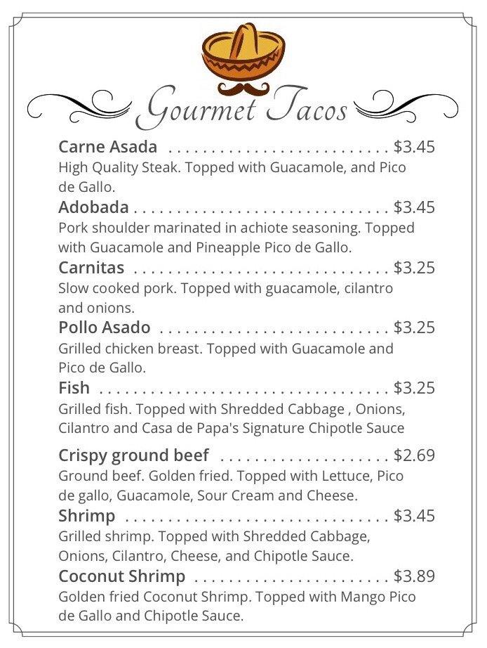 Carta de comida rápida Casa de Papa Gourmet Tacos, Surprise
