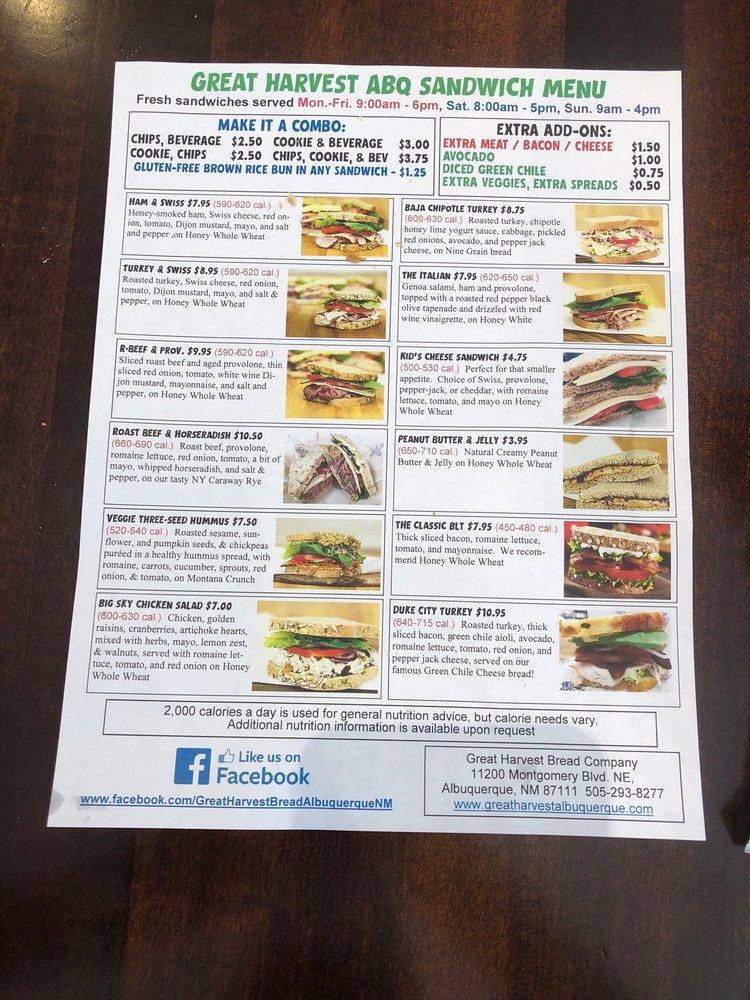 Menu at Great Harvest Bread restaurant, Albuquerque