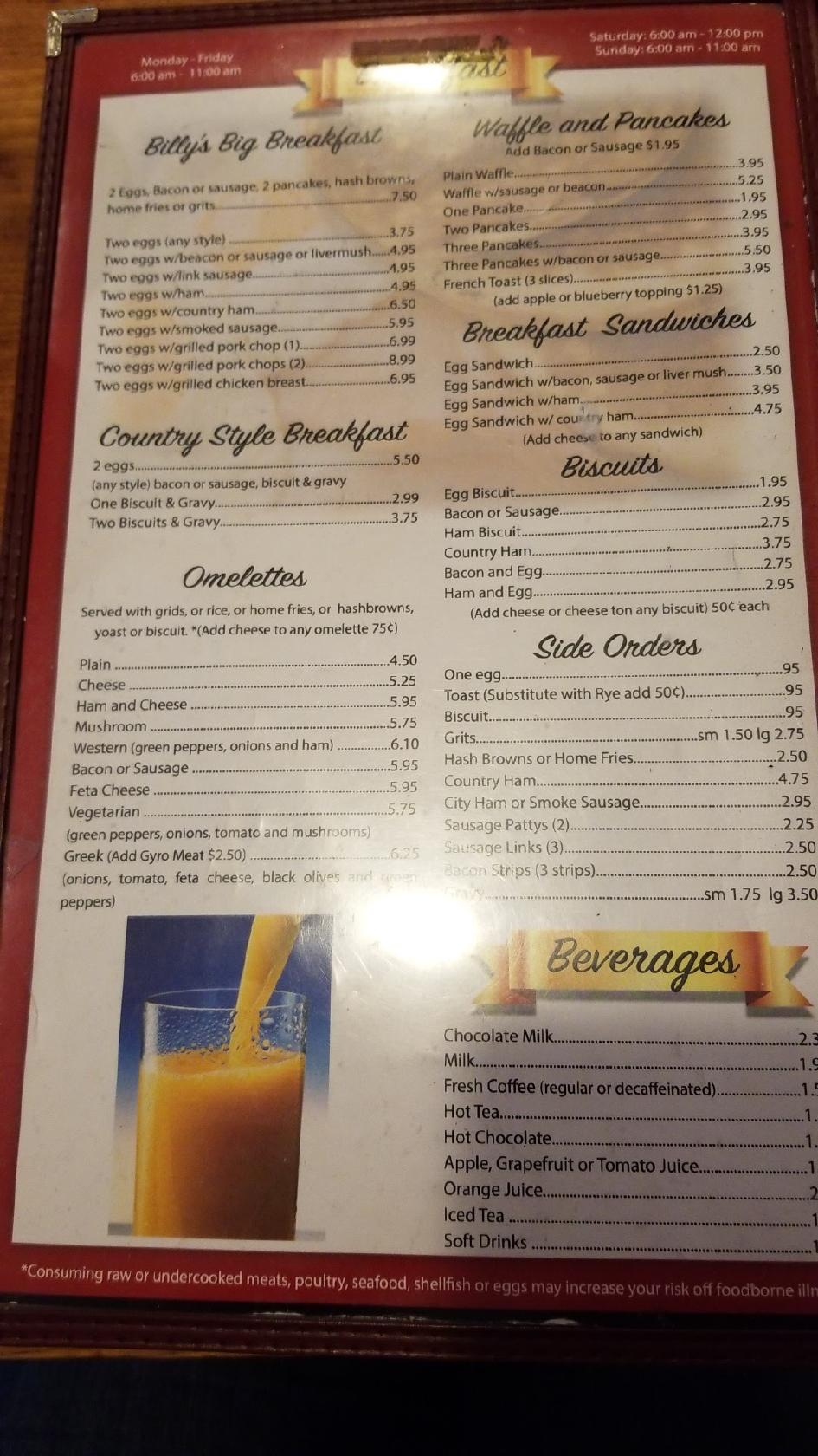 Menu at Billy's Family Restaurant, Mount Holly