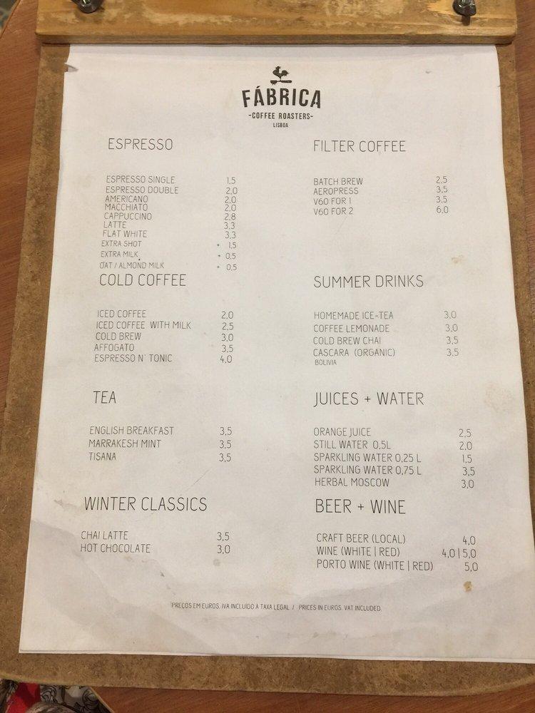Menu at Fábrica Coffee Roasters cafe, Lisbon, R. das Portas de Santo