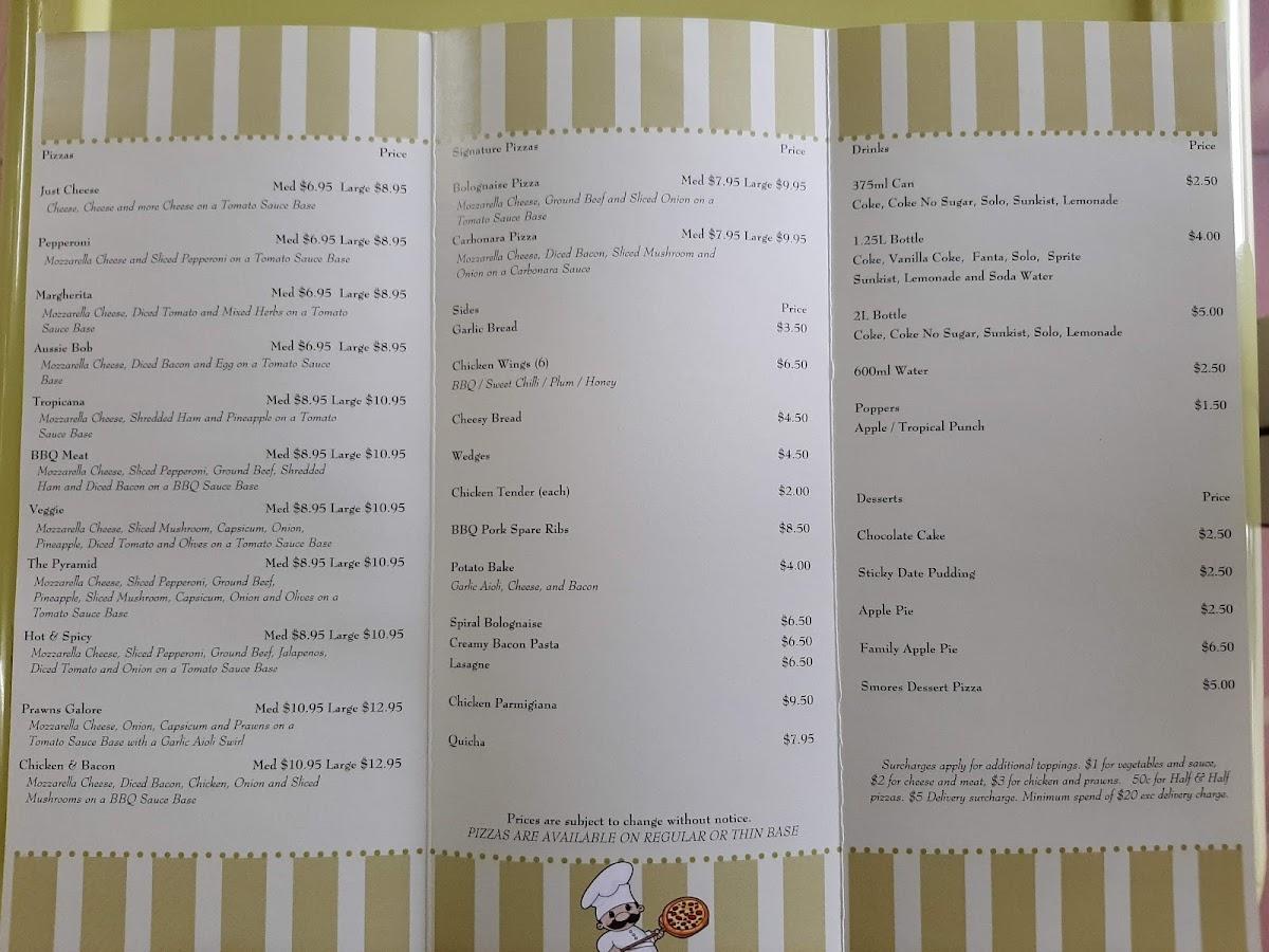 Menu at Kat & Tim's Pizzeria, Gordonvale