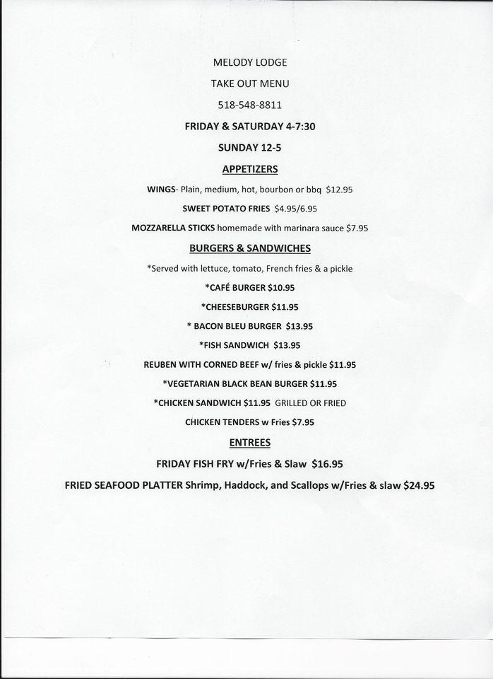 Menu at Melody Lodge pub & bar, Speculator, 111 Old Indian Lake Rd.