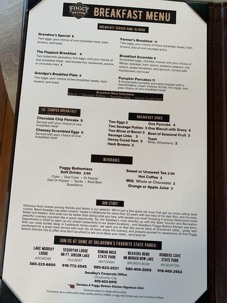 Menu at Swadley's Foggy Bottom Kitchen restaurant, Broken Bow