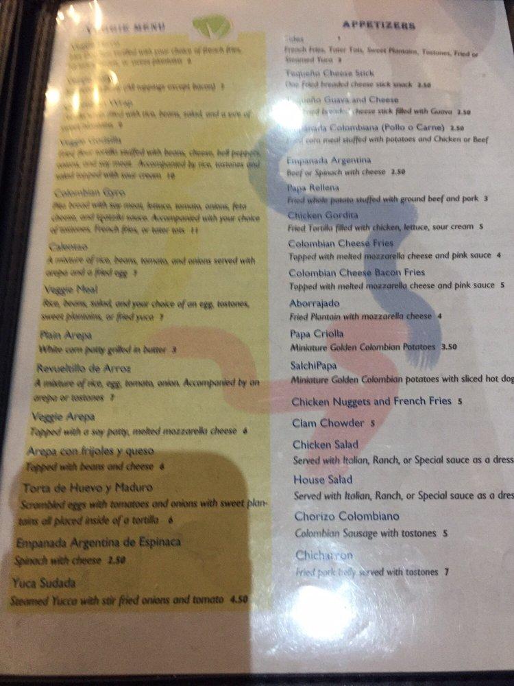 Carta de El Rincón Latino Colombian Restaurant, Tallahassee