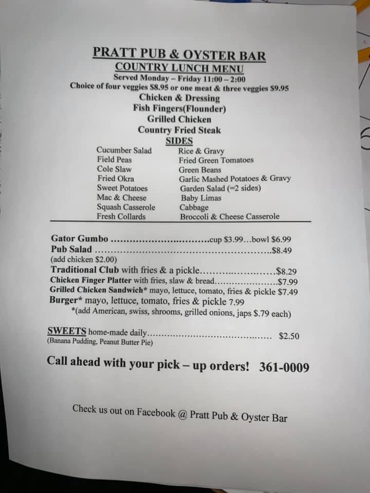 Menu at Pratt Pub & Oyster Bar, Prattville, E Main St
