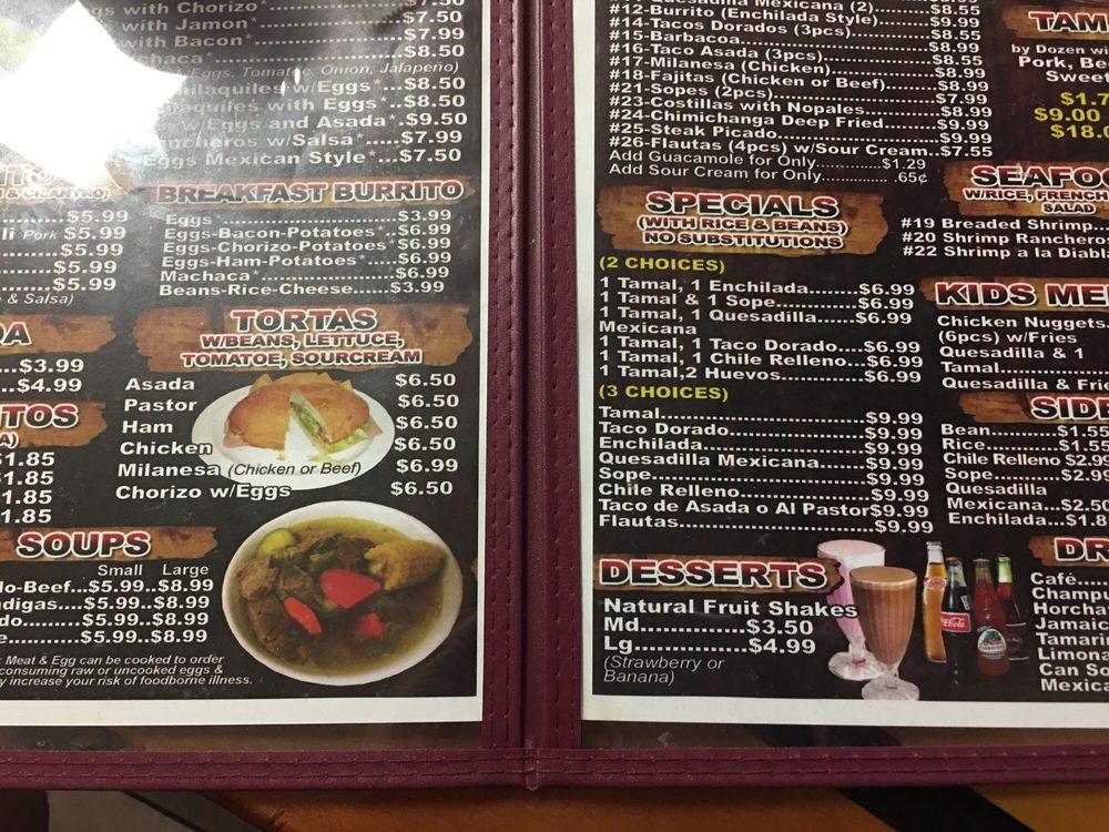 Menu at Tamales Guadalajara restaurant, Tolleson