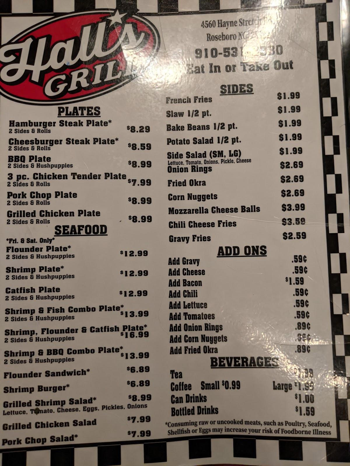 Menu at Hall's Grill restaurant, Roseboro