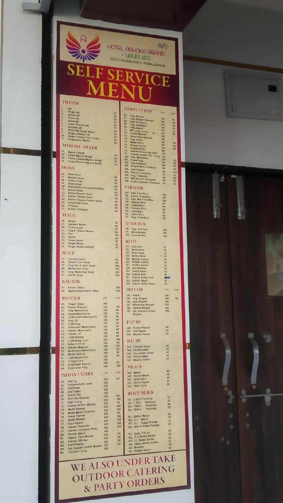 Menu at Hotel Ashoka Grand, Hyderabad