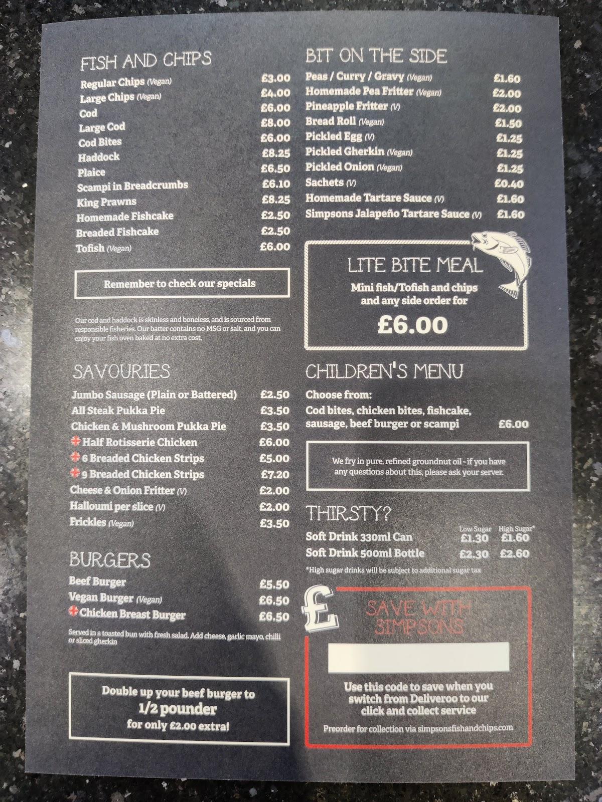 Menu at Simpsons Fish and Chips fast food, Cheltenham