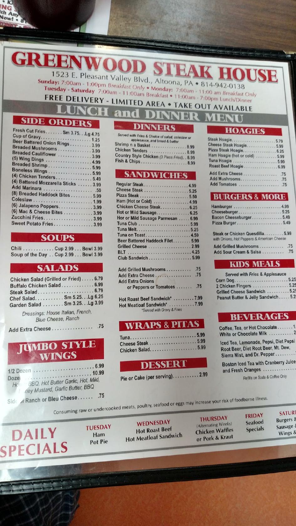 Menu at Greenwood Steakhouse, Altoona