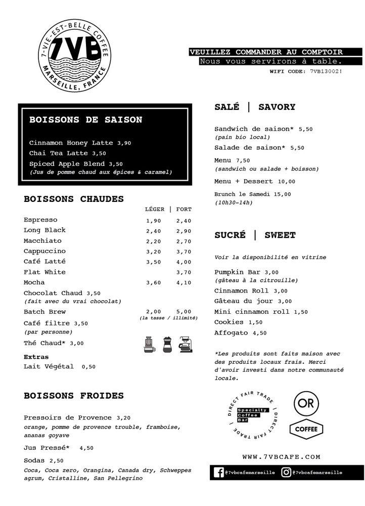 Menu at 7VB Café, Marseille