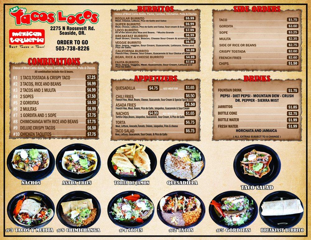 Menu at Los Tacos Locos fast food, Seaside, N Roosevelt Dr