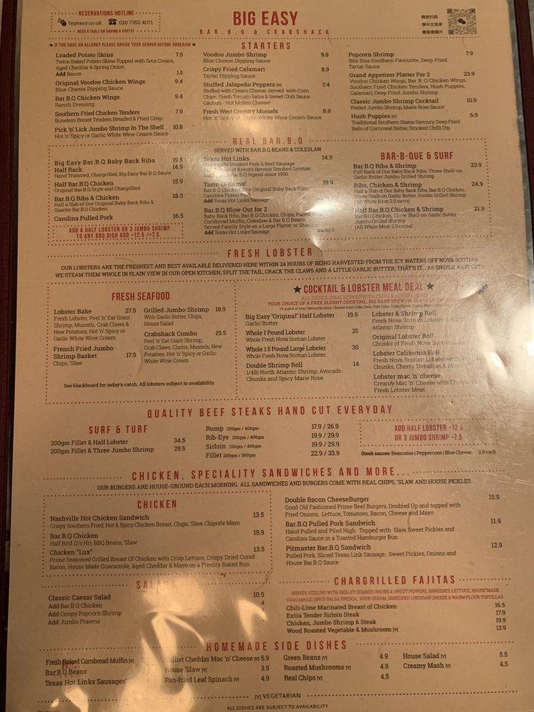 Menu at Big Easy Restaurant Kings Road, Chelsea, London, 332334 King