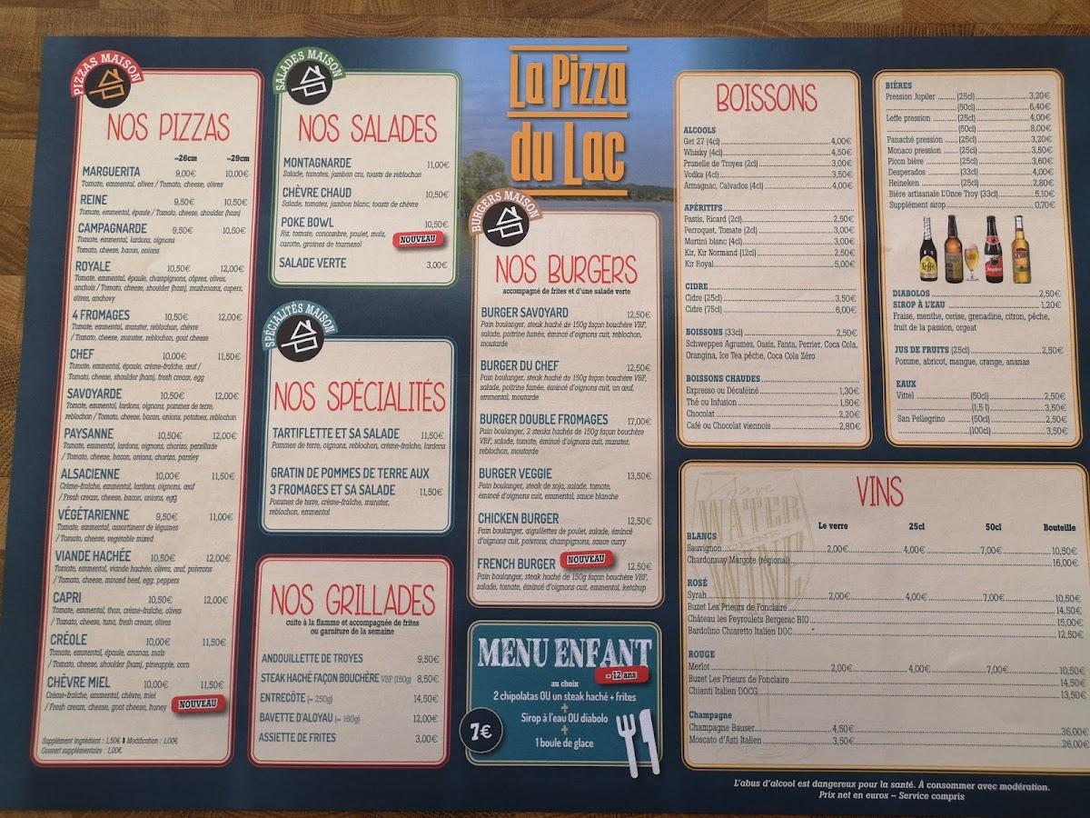 Menu au La Pizza du Lac restaurant, Géraudot