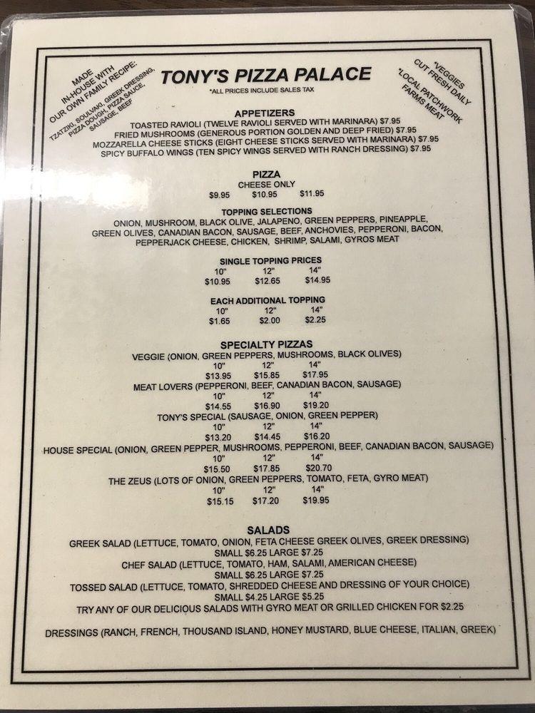 Menu at Tony's Pizza Palace pizzeria, Columbia