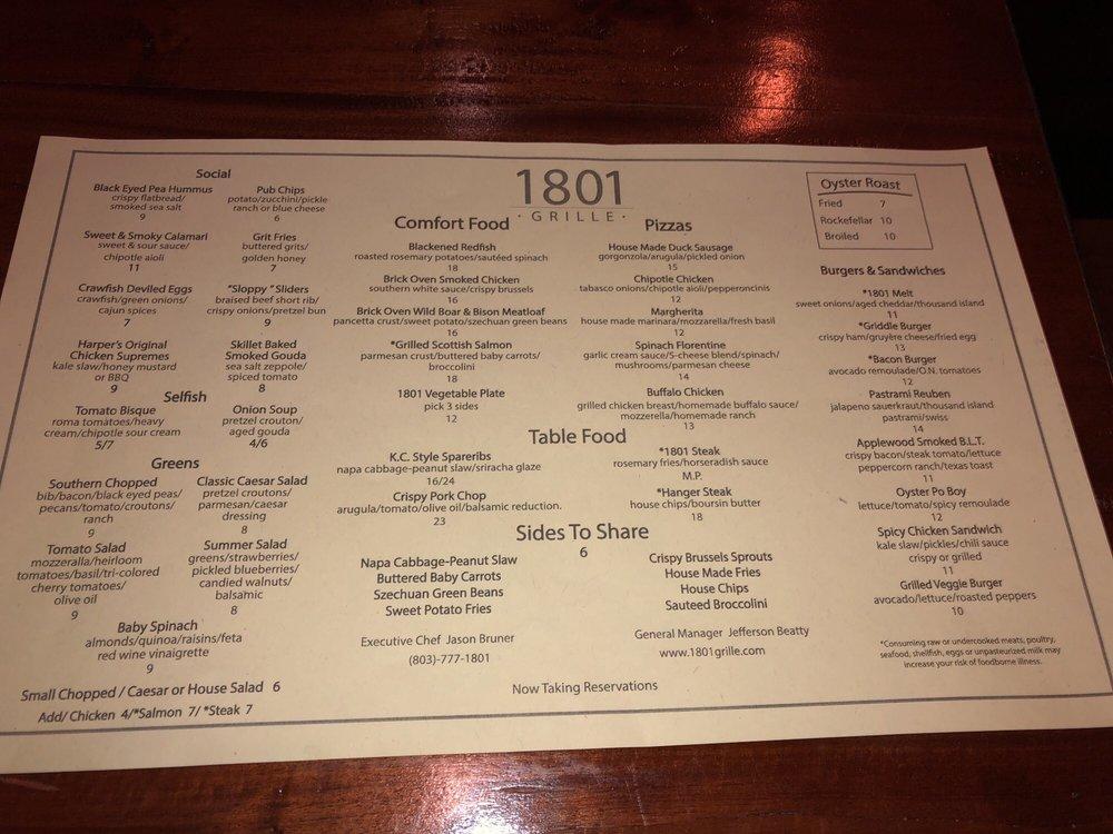 Menu at 1801 Grille pub & bar, Columbia