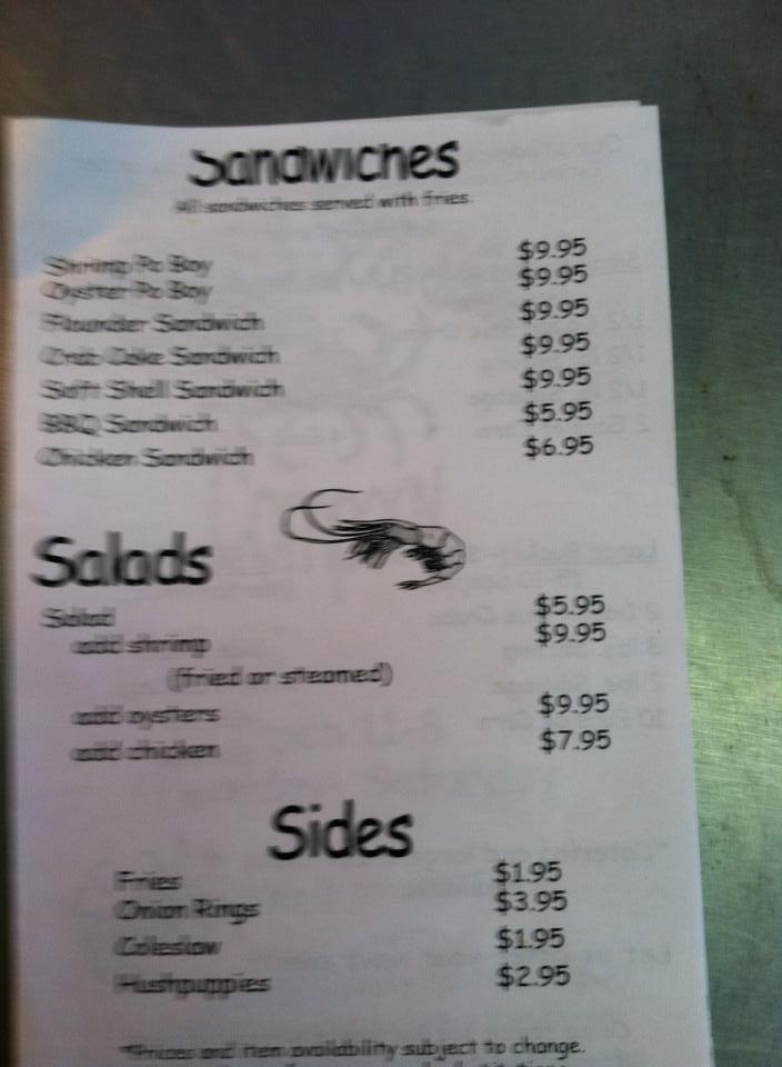 Menu at Flowers Seafood restaurant, Edisto Island