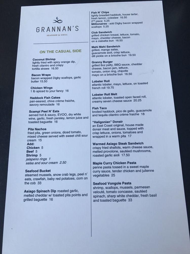 Menu at Grannan's Seafood restaurant, Saint John