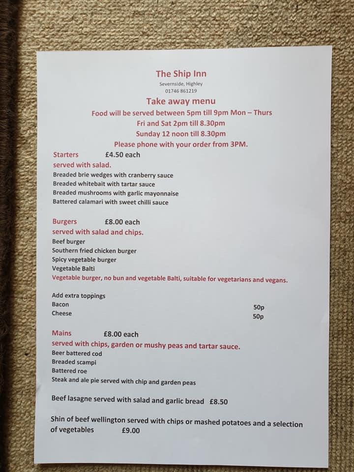 The Famous Ship Inn Menu