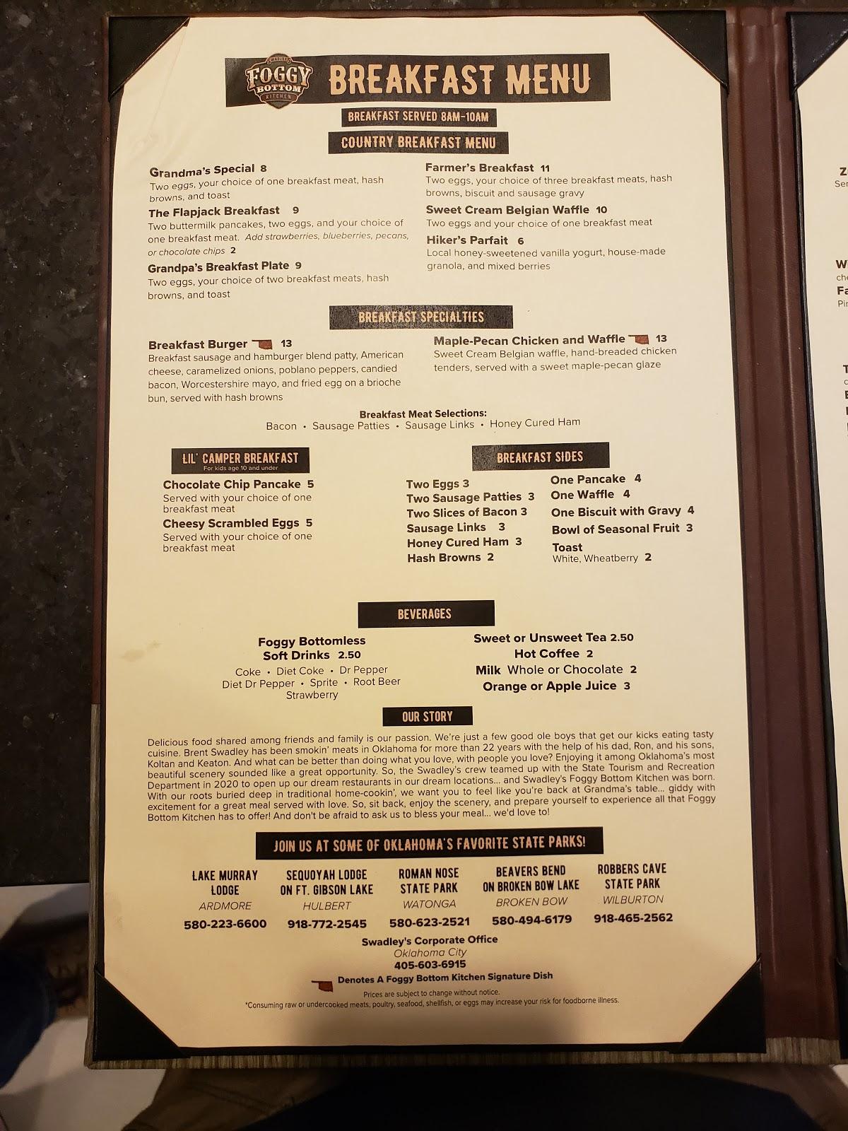 Menu at Foggy Bottom Kitchen restaurant, Watonga