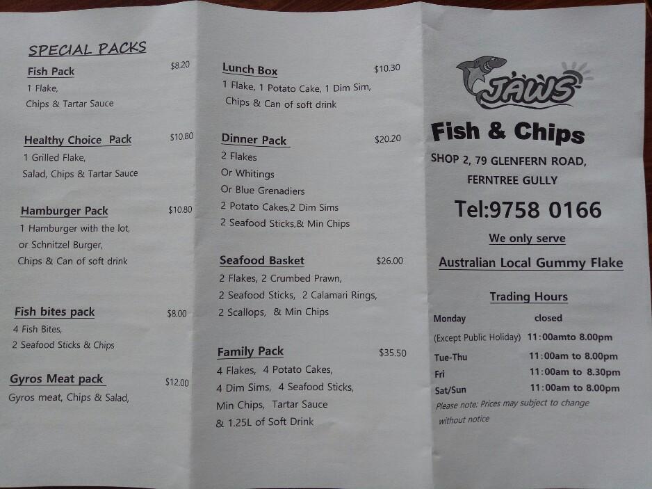 Menu At Jaws Fish And Chips Fast Food Ferntree Gully 279 Glenfern Rd