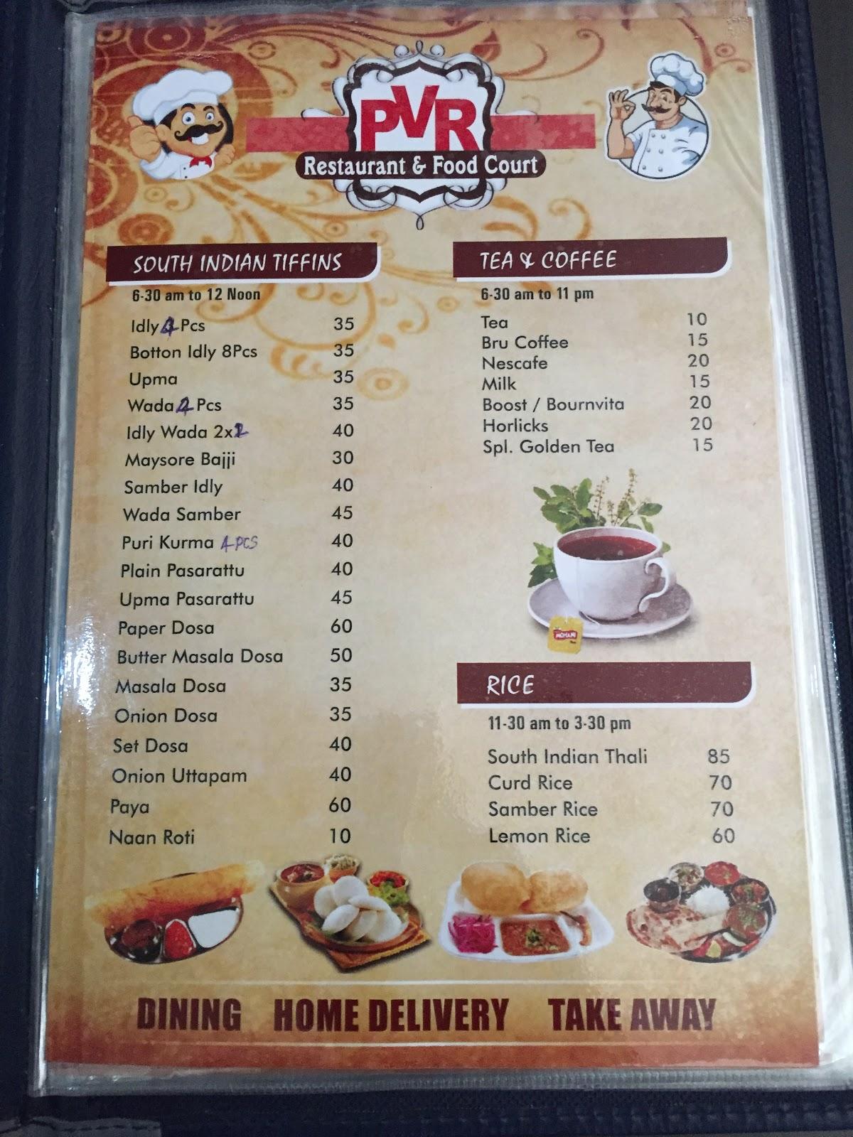 Menu at PVR Restaurant, India, Unnamed Road