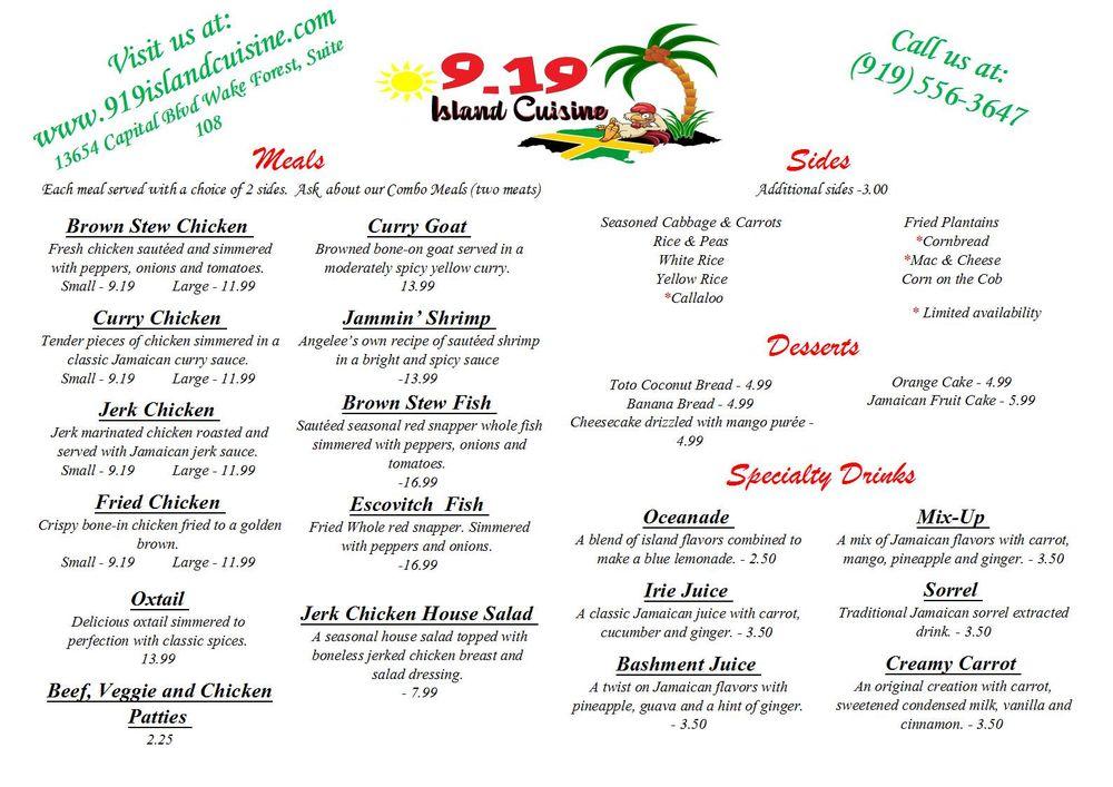 Menu at 9.19 Island Cuisine restaurant, Wake Forest