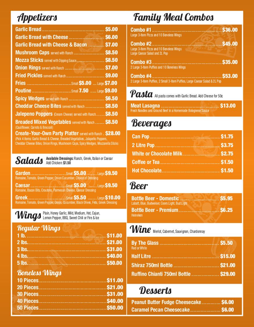 Menu at Sissio's Pizza pizzeria, Sarnia, 869 Exmouth St