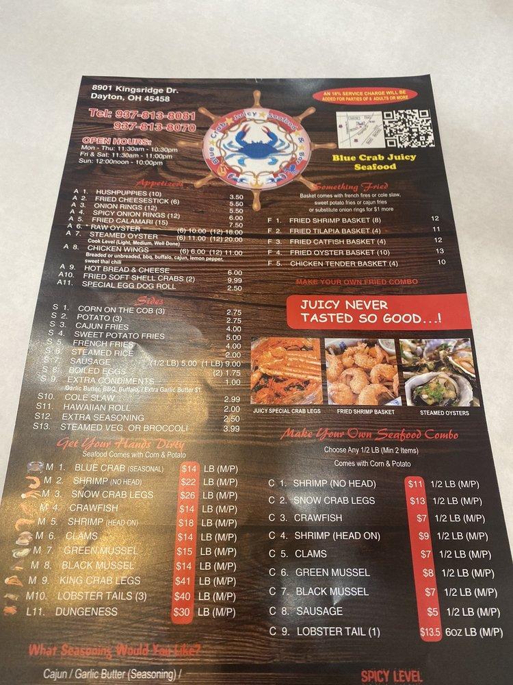 Menu at Blue Crab Juicy Seafood & Bar, Dayton