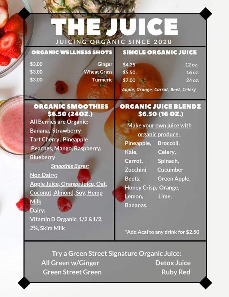 Menu at Green Street Organic Juice Bar, Coos Bay
