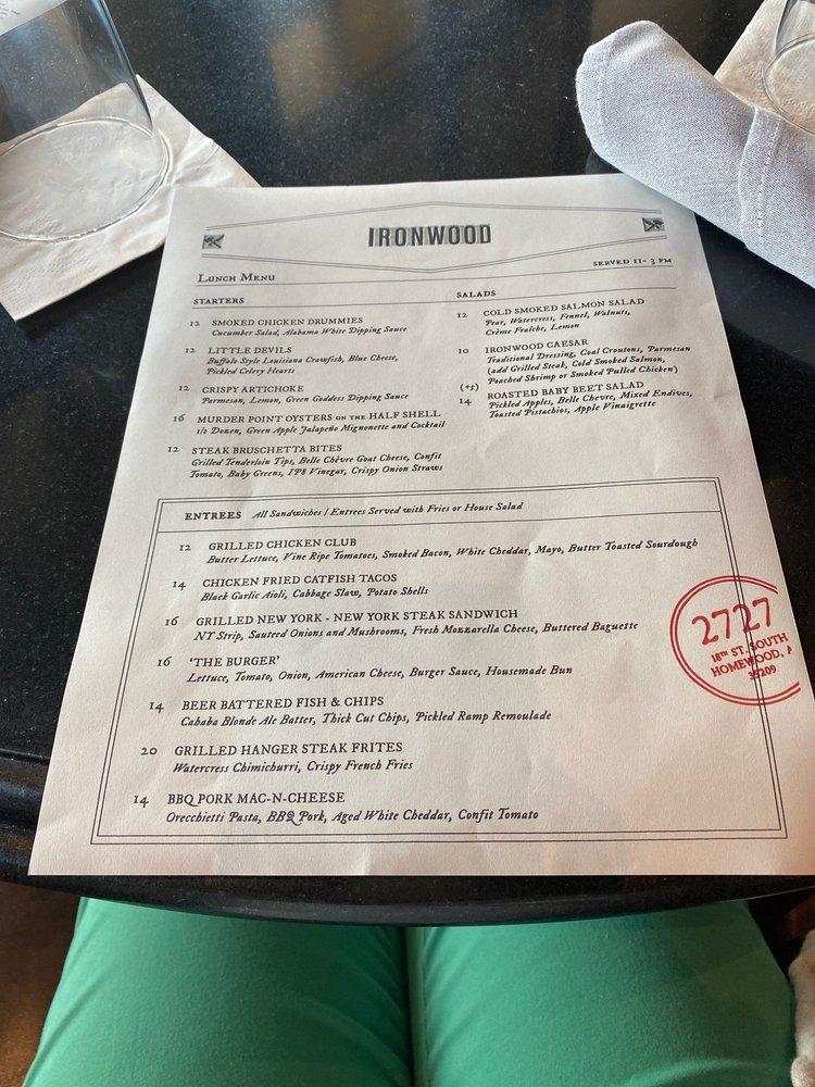 Menu at Ironwood Kitchen & Cocktails restaurant, Homewood