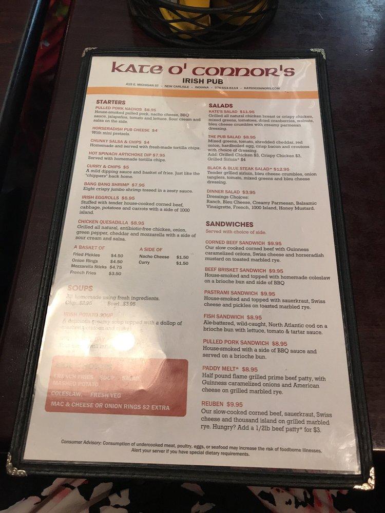 Menu at Kate O'Connor's Irish Pub, New Carlisle