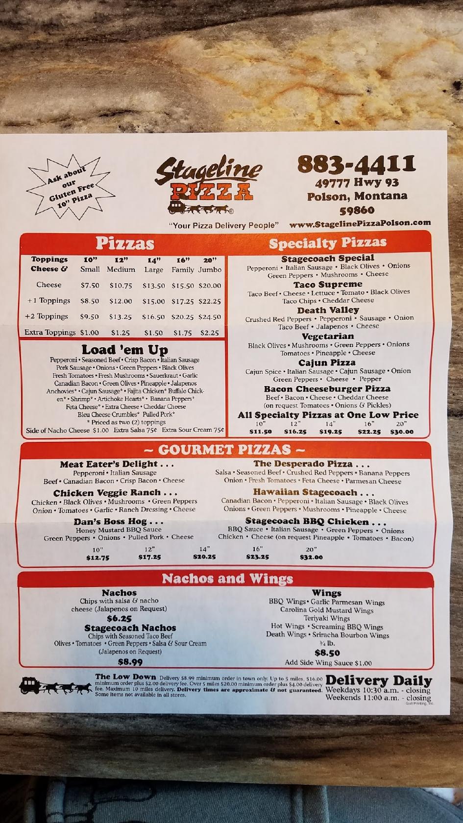 Menu at Stageline Pizza pizzeria, Polson, US 93