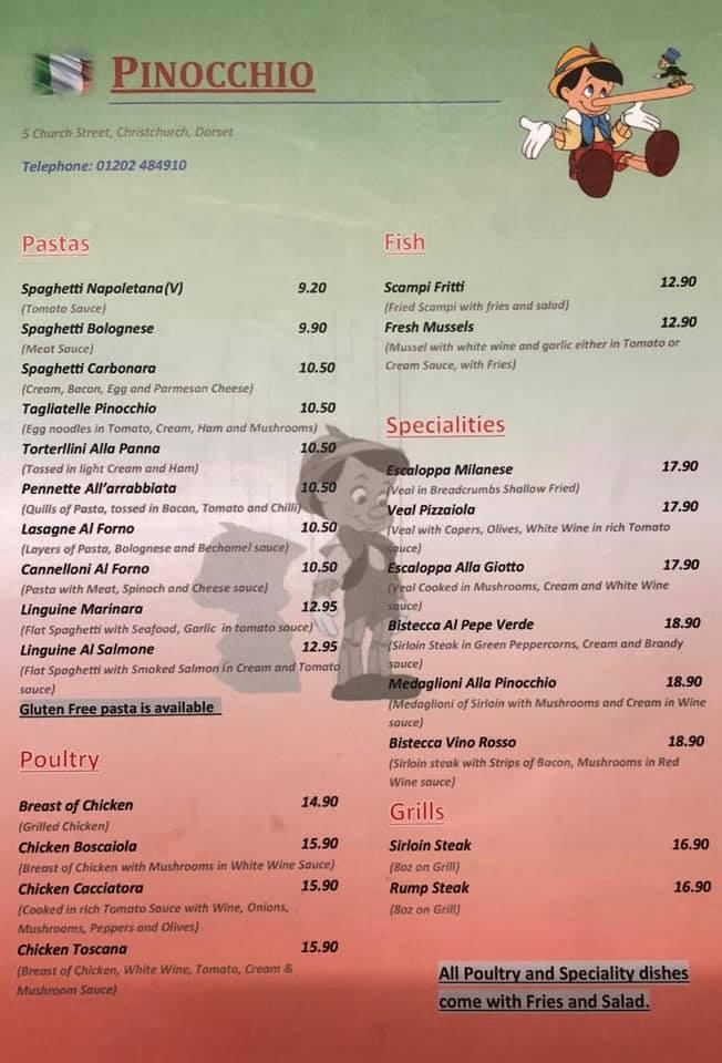 Menu at Pinocchio Restaurant Christchurch, Christchurch, 5 Church St