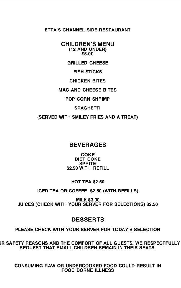 Menu at Etta's Channel Side Restaurant, Chincoteague Island