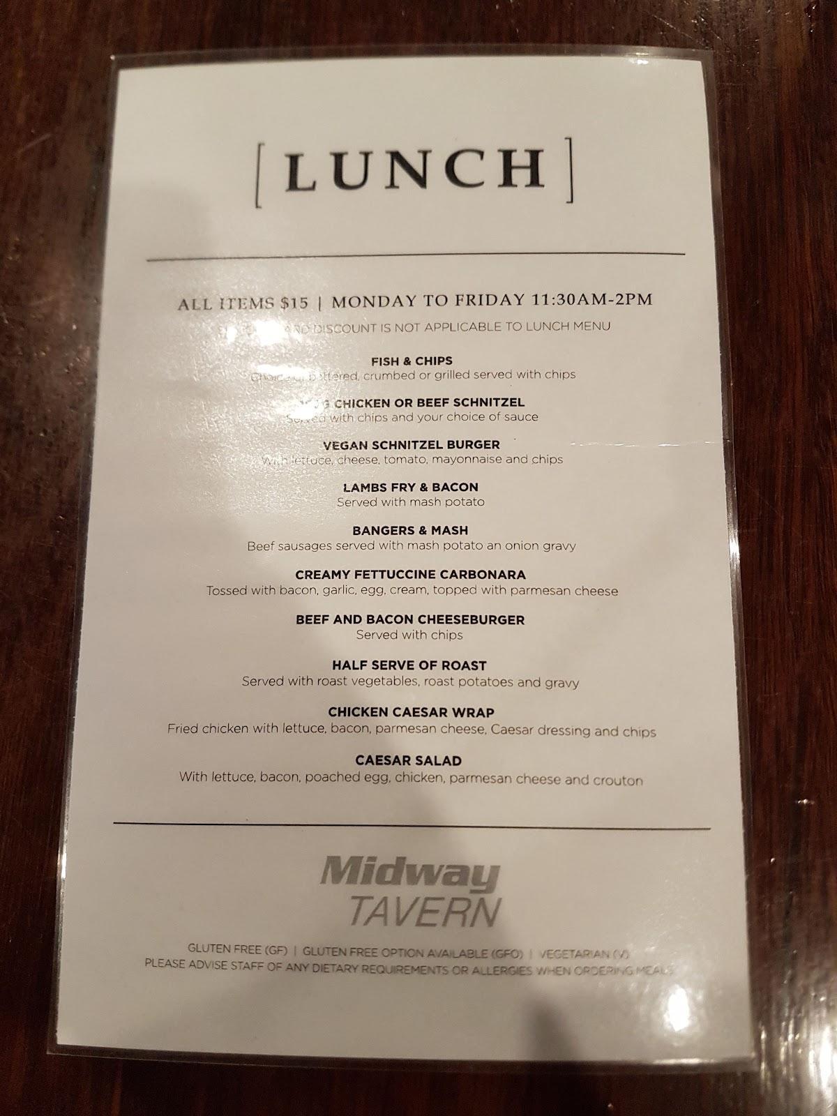 Menu at Midway Tavern restaurant, Elizabeth Downs