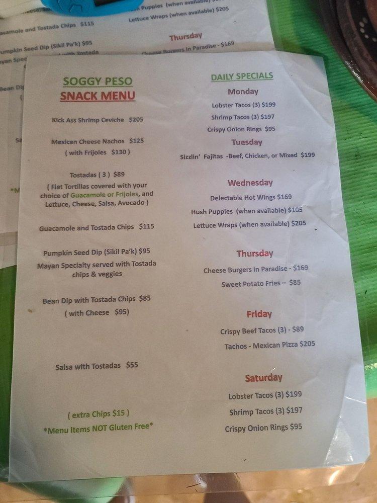 Soggy Peso Isla Mujeres Menu