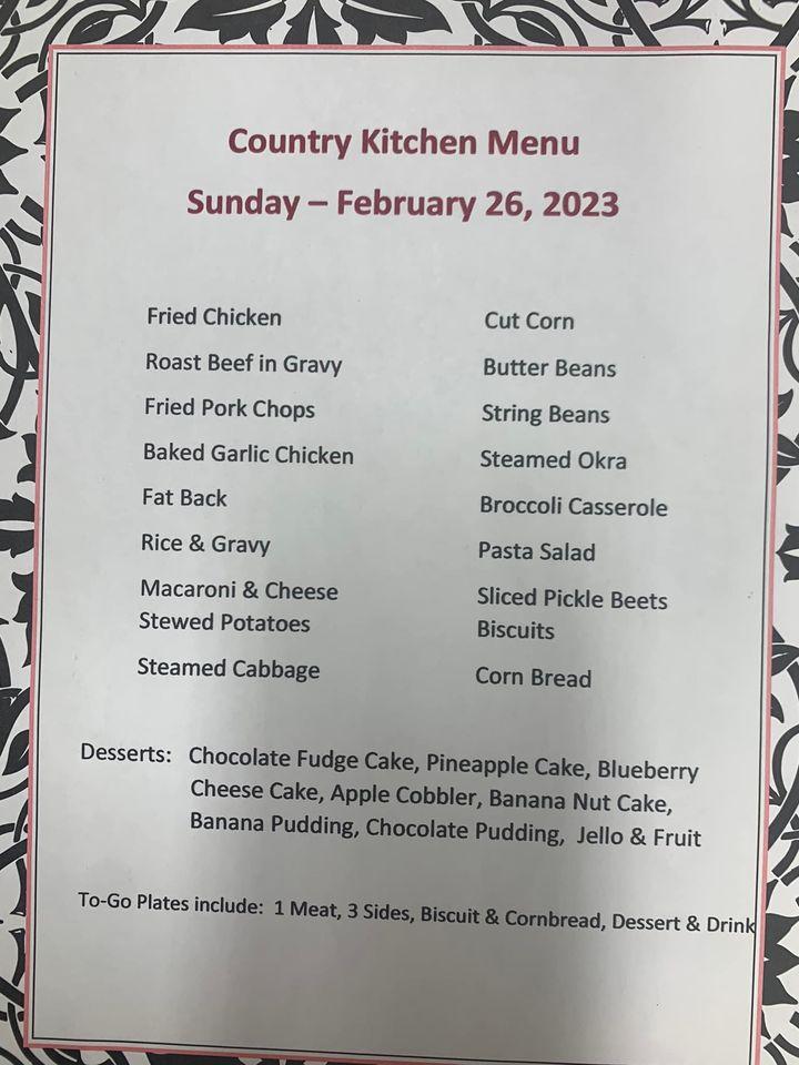 Menu at The Country Kitchen Buffet restaurant, Cheraw