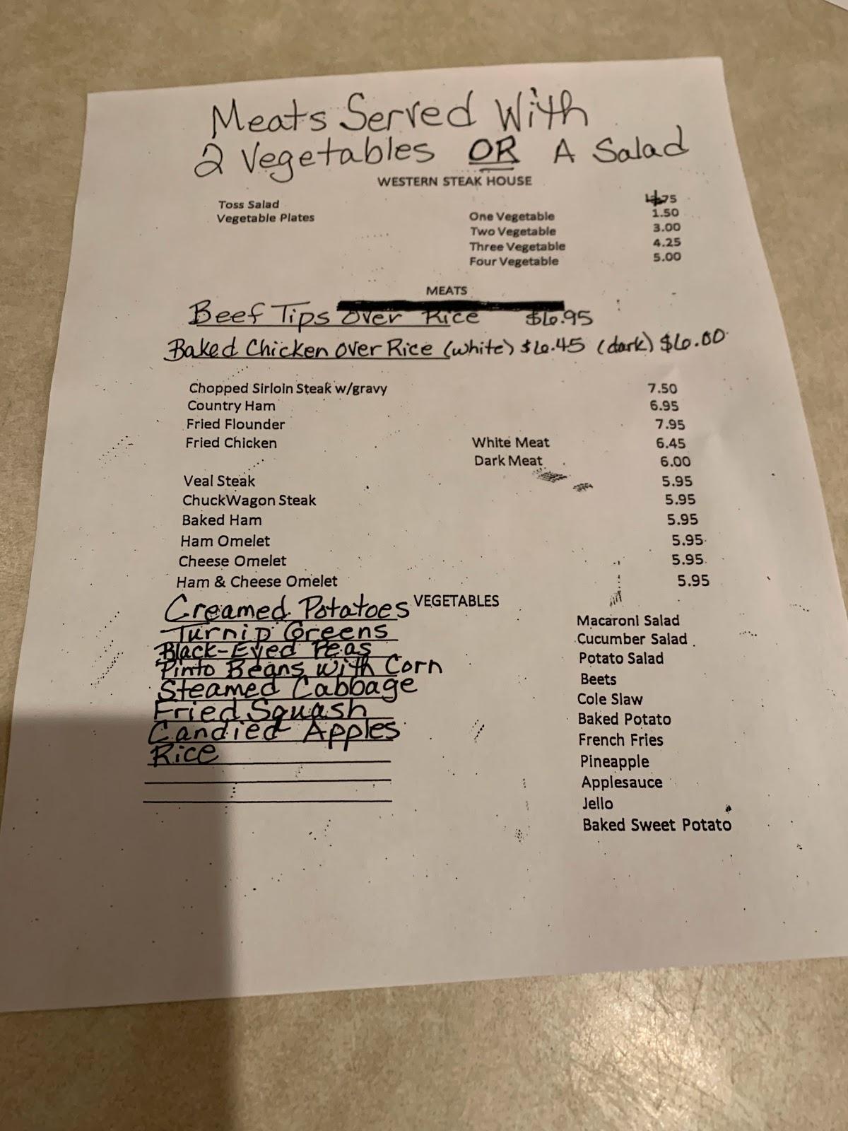 Menu at Western Charcoal Steak House steakhouse, Burlington