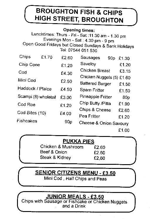 Menu at Broughton Fish and Chip Shop restaurant, England
