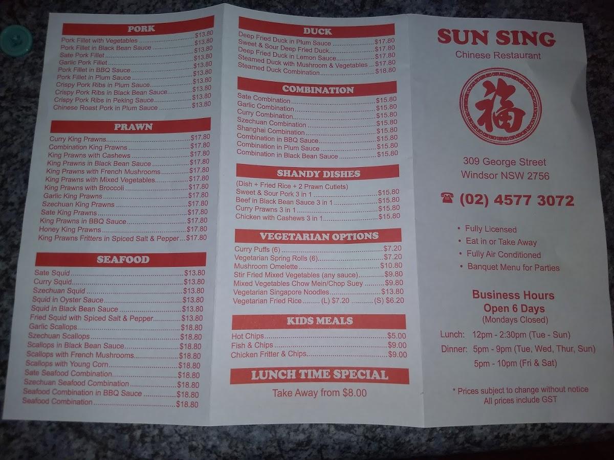 Carta de Sun Sing Chinese Restaurant, Windsor