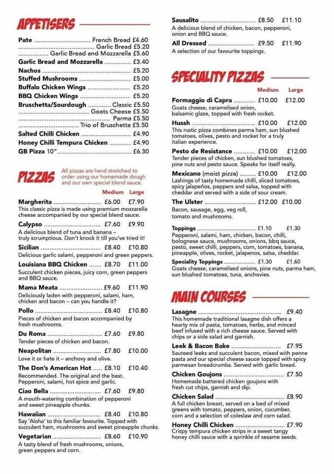 Menu at The Pizza Parlour pizzeria, Ballymena