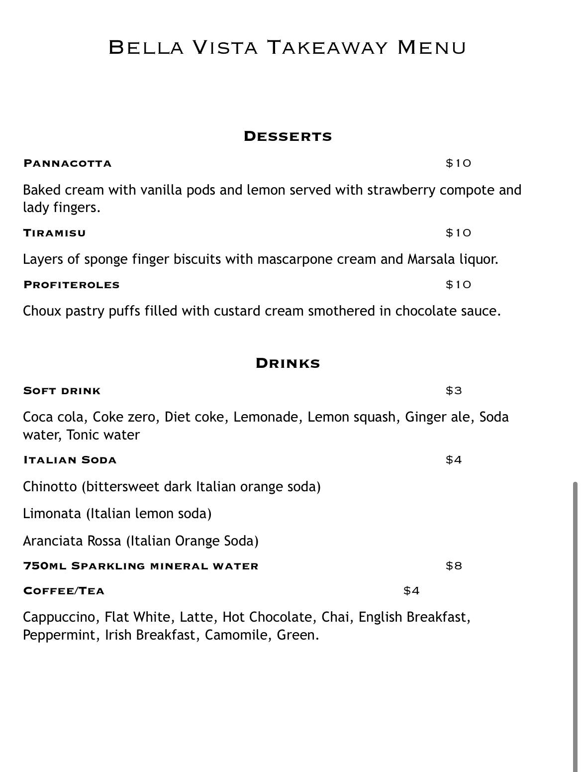 Menu at Bella Vista Restaurant, Belconnen